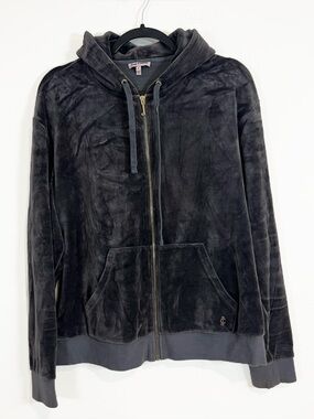 Juicy Couture Bedazzled Sequin Logo Velour Zip Up Hoodie Grey Size Large Y2K